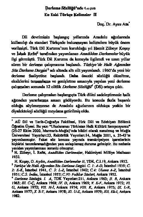 Aysu Ata - Derleme Sözlüğünde Geçen En Eski Türkce Kelimeler -II- Makale